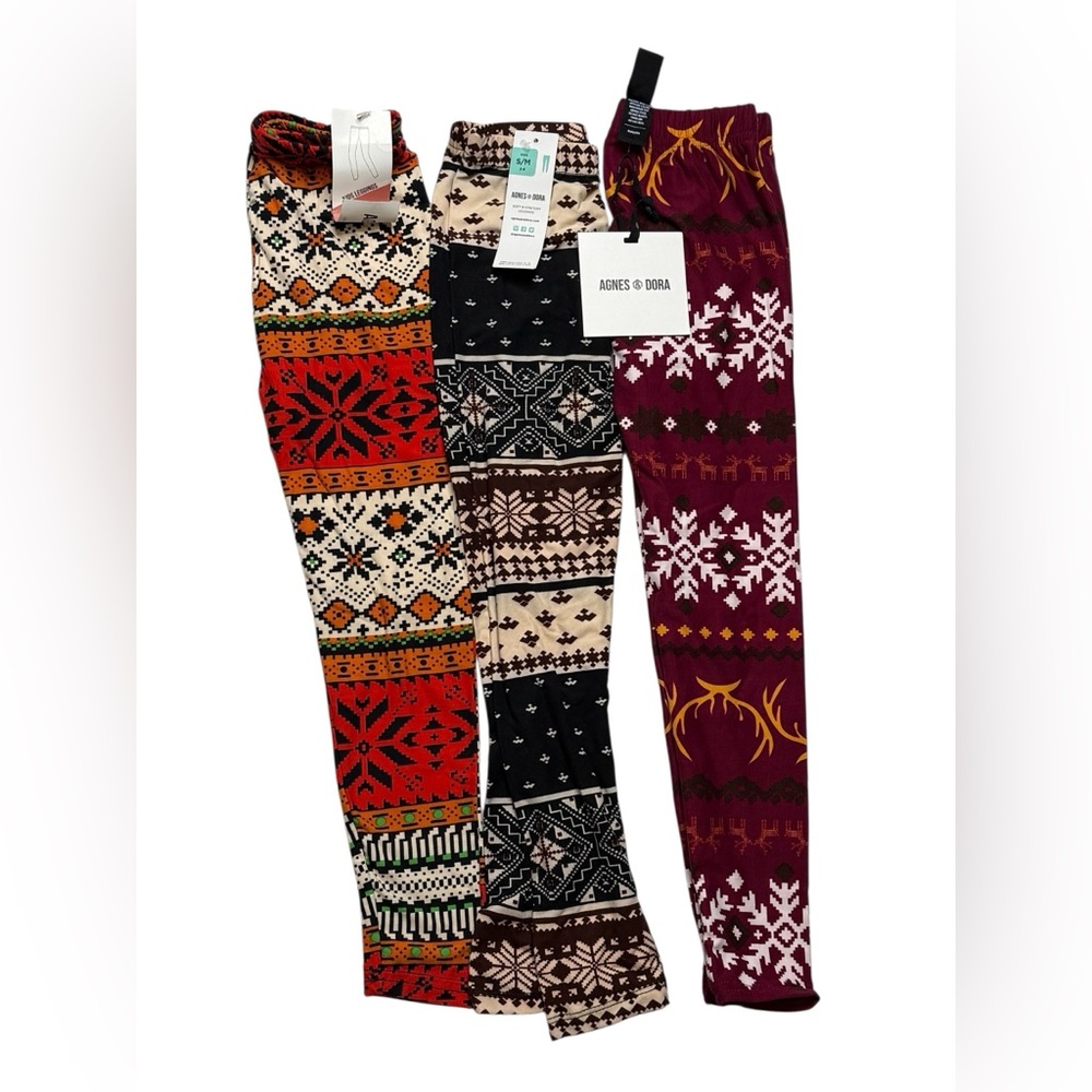 Agnes & Dora Festive Leggings Trio Fair Isle Holiday Kids S/M (3-6) NWT